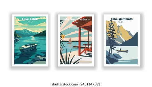 Lake Mammoth, California, Lake Sam Rayburn, Texas, Lake Tahoe, Nevada - Vintage travel poster. Vector illustration. High quality prints svg