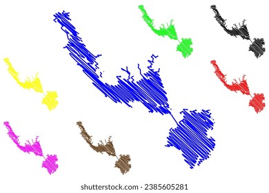 Marion-See und Moultrie-Staudamm (Vereinigte Staaten von Amerika, Nordamerika, uns, usa, South Carolina), Vektorgrafik, Skizze Santee und Pinopolis-Staudamm-Karte