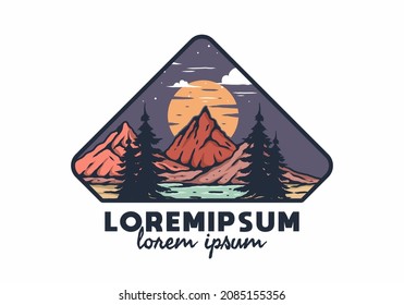 Lake and mountain with big moon illustration design
