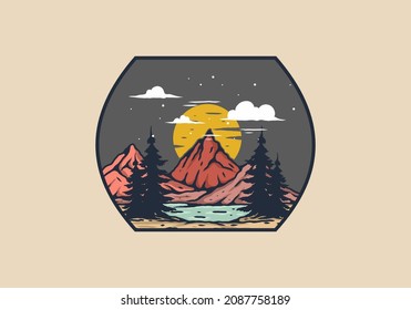 Lake and mountain with big moon illustration design