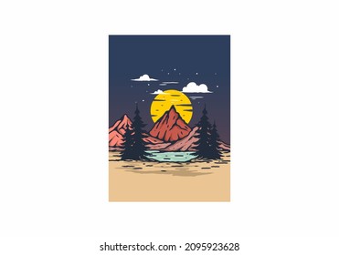 Lake and mountain with big moon illustration design