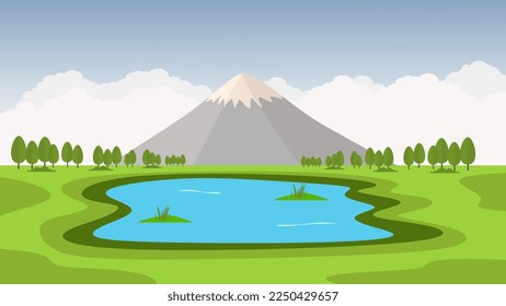 lake and mountain flat vector nature landscape background.