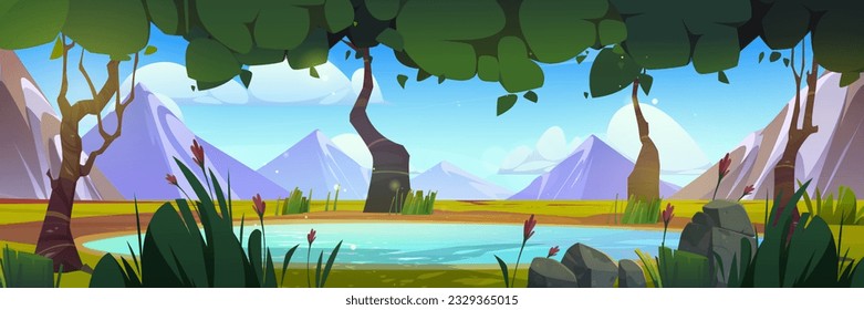 See in Bergwaldlandschaft Hintergrund Szene. Baum, Wasser und Natur schöne Landschaft für Sommertaler Outdoor-Panorama-Illustration. Stille Naturhintergründe mit Alpen und Bergen