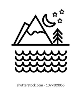 Lake, mountain forest and moon vector icon