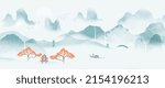 Lake and mountain landscape chinese background. Japanese watercolor painting with waterfall, hills, sakura trees, chinese temples, boat, bridge, birds. Oriental wallpaper for wall art, print, decor.