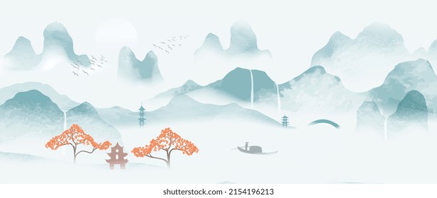 Lake   mountain landscape chinese background  Japanese watercolor painting and waterfall  hills  sakura trees  chinese temples  boat  bridge  birds  Oriental wallpaper for wall art  print  decor 