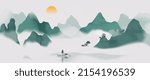 Lake and mountain landscape in chinese style background. Japanese watercolor painting with green hills, trees, chinese temples, boat in mist. Oriental wallpaper design for wall art, print, decor.