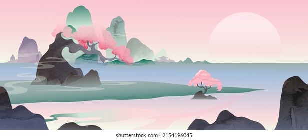 Lake and mountain landscape in Chinese style background. Japanese painting with hill, sakura trees, Chinese temple in watercolor texture. Oriental wallpaper in pink color design for wall art, print.