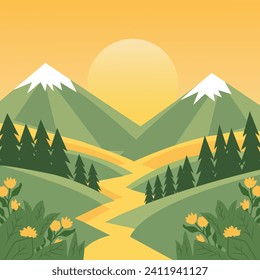 Lake mountain landscape panoramic cartoon adventure background illustration