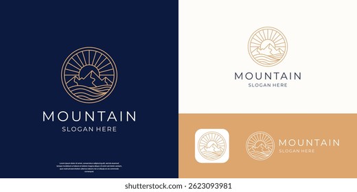 lake and mountain logo line art vector in circle shape design