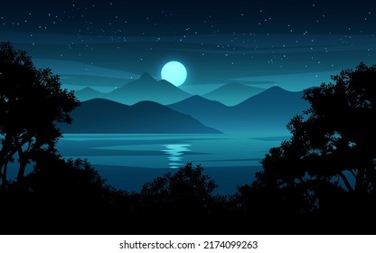 Lake and mountain night landscape with full moon and stars