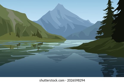 Lago y montaña con paisaje de bosques de pinos