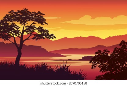 Lake and mountain sunset illustration. Tree and grass in silhouette. Flat style landscape