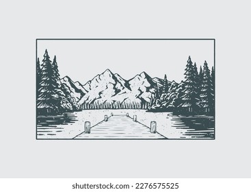 lake and mountain view vintage vector illustration