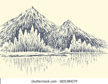 Lake in the mountains, alpine forest  landscape sketch