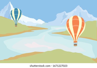 Lake and mountains background with hot air ballons in flat syle design.