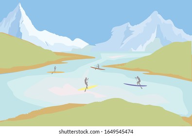 Lake and mountains background with water sports activities; paddling on the lake. Vector illustration.