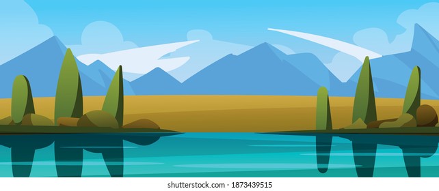 Lake in the mountains cartoon illustration landscape