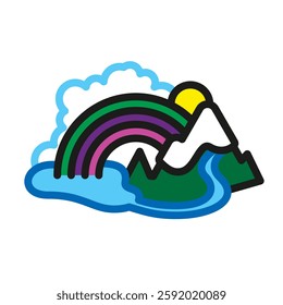 lake with mountains and clouds environment ecosystem emoji icon environmental friendly vector illustration sticker