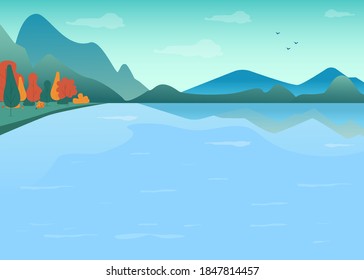 Lake in mountains flat color vector illustration. Spring season on river. Scenic body of water. Rainforest nature. Nautical terrain. Daytime environment 2D cartoon landscape with sky on background
