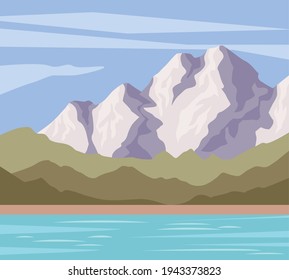 lake and mountains flat landscape