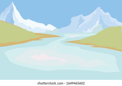 Lake, mountains and hills landscape background in pastel colors.  Vector illustration.