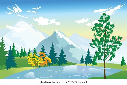 lake, mountains illustration. nature panorama vector illustration