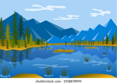 Lake in mountains landscape background in flat style. View of rock peaks, coniferous forest by lakeside. Travel vacation, hiking tourism outdoor. Nature scenery. Vector illustration of web banner