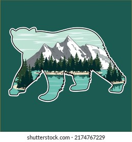 Lake and mountains, landscape in the silhouette of a bear. Bear, lake, mountains, pines, firs, sky, wild animals. Stylized vector image