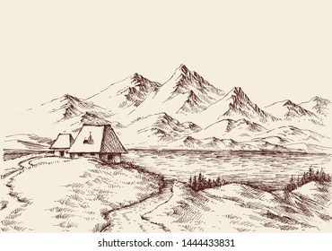 Lake in the mountains landscape sketch, small house in the background