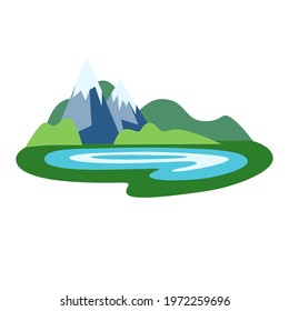 Lake and mountains on a background of greenery and hills, flat style icon. Sign for map, application. Vector flat illustration 