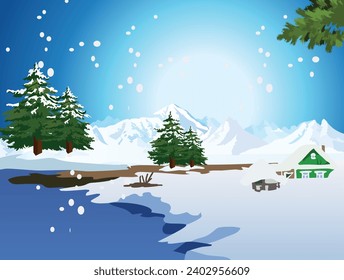 lake, mountains in snow illustration. house in winter nature panorama vector illustration