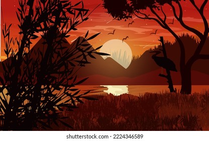 Lake mountains sunset landscape illustration wild natural background .sunset landscape panorama design.