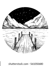 Lake and mountains. Tattoo sketch. Vector print. 