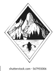 Lake and mountains. Tattoo sketch. Vector print. 