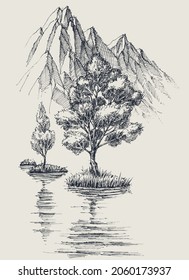 Lake in the mountains, trees reflections in the water carbon drawing