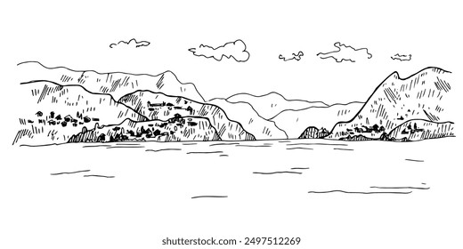 Lake in the mountains vector sketch illustration. Hand drawn landscape Italian or Swiss resort Lombardia, Piemonte e Ticino. Tourism and journey in Europe. Background for card, poster, paper, sign