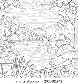 
Lake and mountains.Coloring book antistress for children and adults. Illustration isolated on white background.Zen-tangle style.