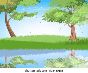 Lake in nature scene vector trees and forest background