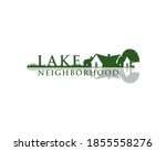 Lake Neighborhood wordmark logo with silhouette of old building house near a lake