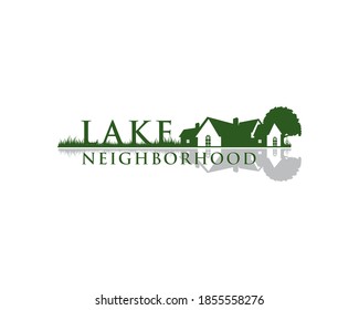 Lake Neighborhood Wordmark Logo With Silhouette Of Old Building House Near A Lake