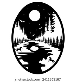 Lake at Night, Hand Drawn Vector Illustration
