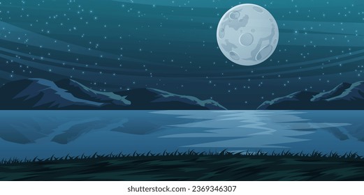 Lake at Night Landscape Scenery Vector Illustration