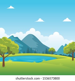 Lake on the hill, with beautiful scenery landscape, forest , mountain, tree, cloud and sky