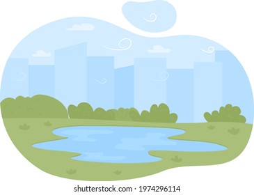 Lake on plains 2D vector web banner, poster. Summer camping and retreat flat object on cartoon background. Picturesque landscape. Large standing water body printable patch, colorful web element