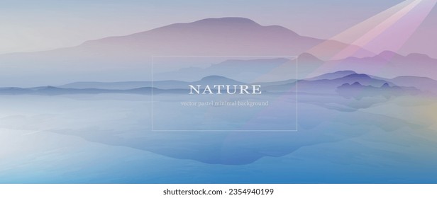 Lake panoramic view, hills and mountains in the horison. 
 Morning landscape, sunlight,  mist, fog. Watercolor textured vector background. 