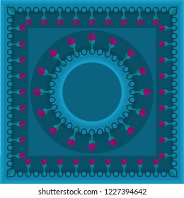 Lake pattern on blue background with round template for text in simplified egyptian flowers  style.