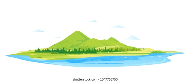 Lake in the picturesque valley near the high mountains with with green pastures, nature landscape, travel illustration isolated