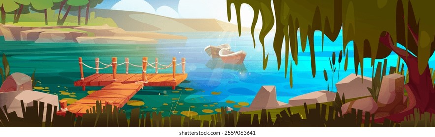 Lake pier wooden platform with boat floating on blue calm water. Scenic landscape with rocky shore, green trees and reeds. Natural environment with rope railings, distant mountains, clear summer sky.