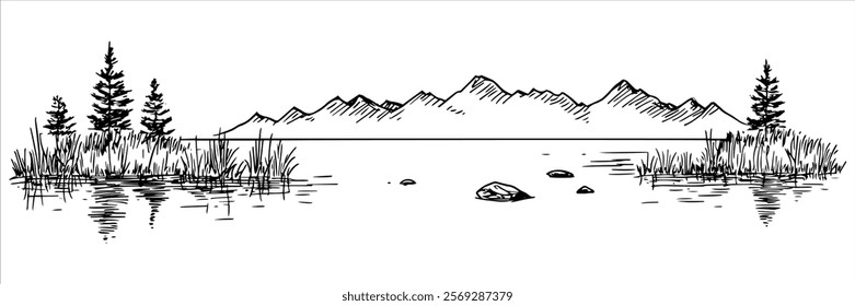 lake with pine trees and mountain range in background hand drawn doodle sketch